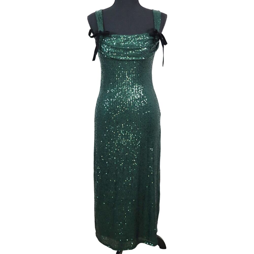 Le Lis Emerald Green Sequin Dress Long Maxi Formal Evening Cowl Velvet Bows XS